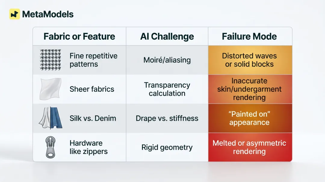 Garment complexity AI failure modes comparison table for fabric types