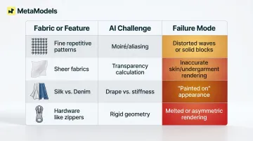Garment complexity AI failure modes comparison table for fabric types
