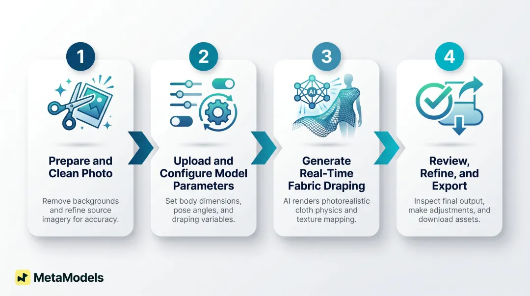 4-step mannequin to AI model conversion process flow diagram