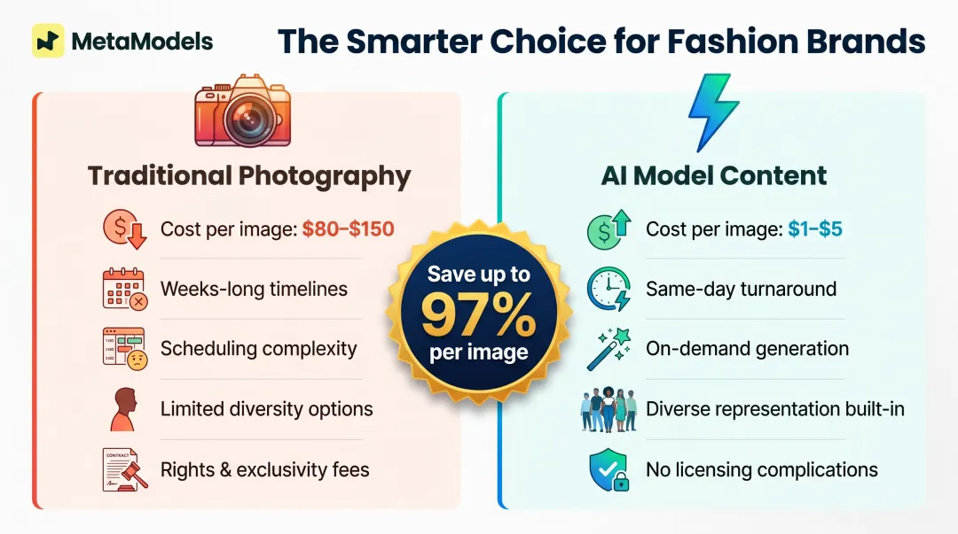 AI-generated fashion content versus traditional photography cost comparison infographic