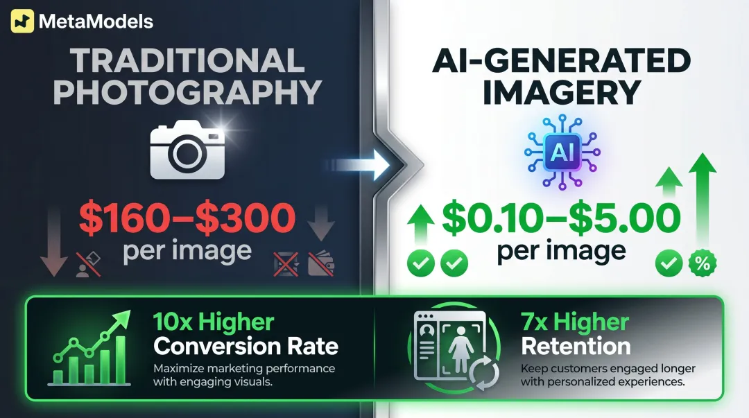 AI fashion photography cost savings and conversion rate ROI comparison infographic