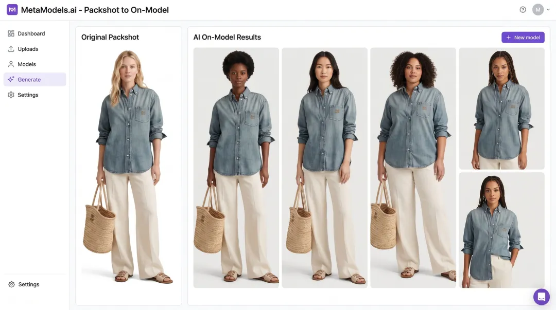 MetaModels.ai platform showing on-model fashion imagery with diverse AI models