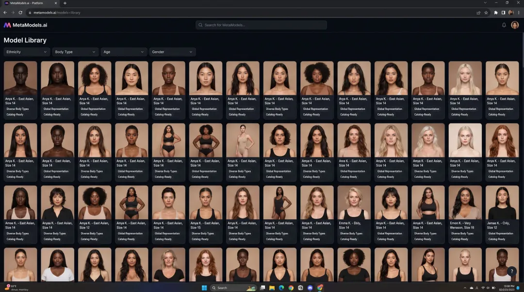 MetaModels.ai AI fashion model library showing diverse skin tones and body types
