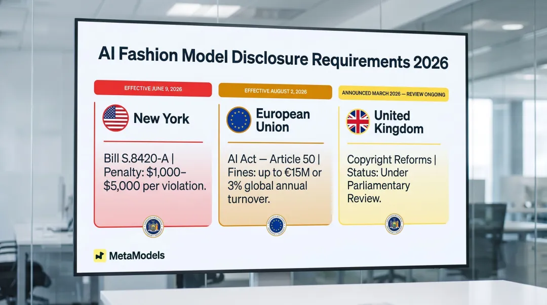 Three major AI fashion model disclosure regulations comparison by region and effective date