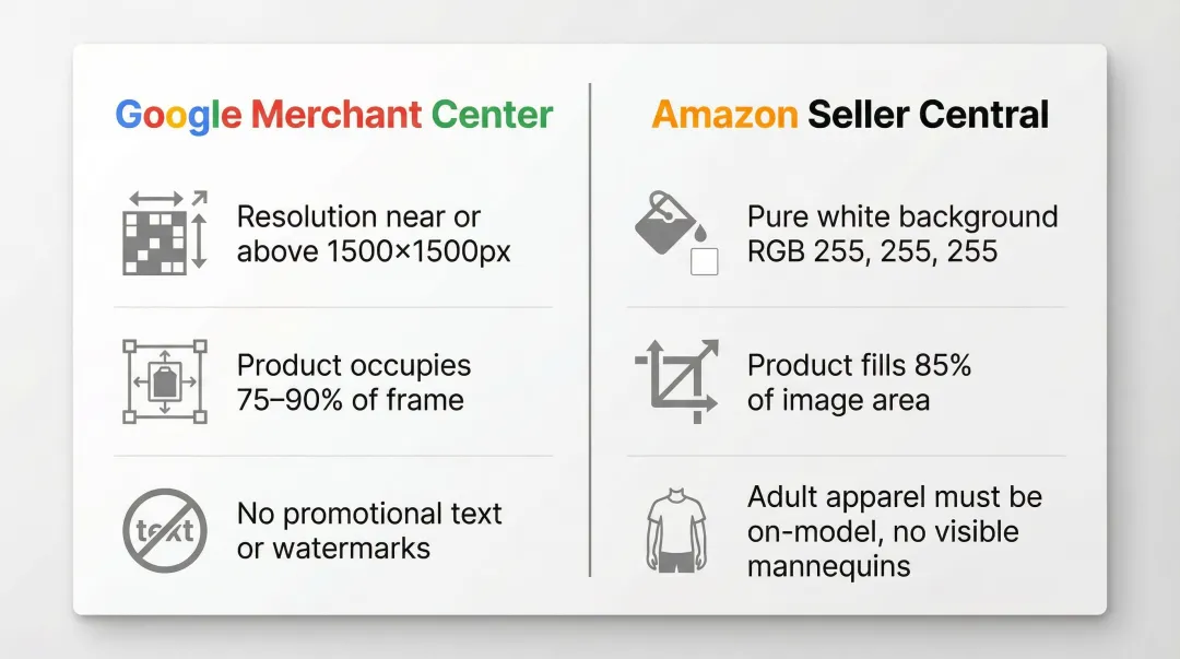 Google Merchant Center versus Amazon Seller Central AI image specification requirements comparison