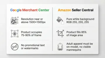 Google Merchant Center versus Amazon Seller Central AI image specification requirements comparison