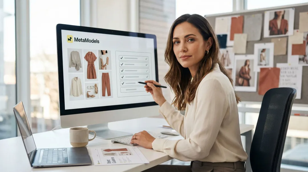 Fashion marketing professional carefully reviewing AI-generated product images on desktop monitor