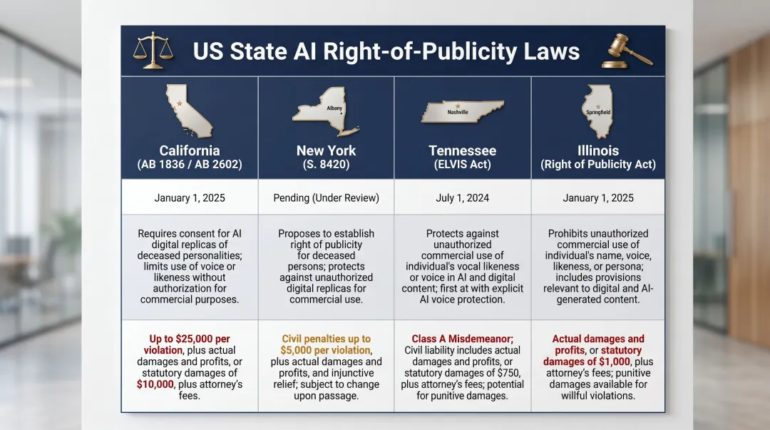 US state right-of-publicity AI laws comparison chart California New York Tennessee Illinois