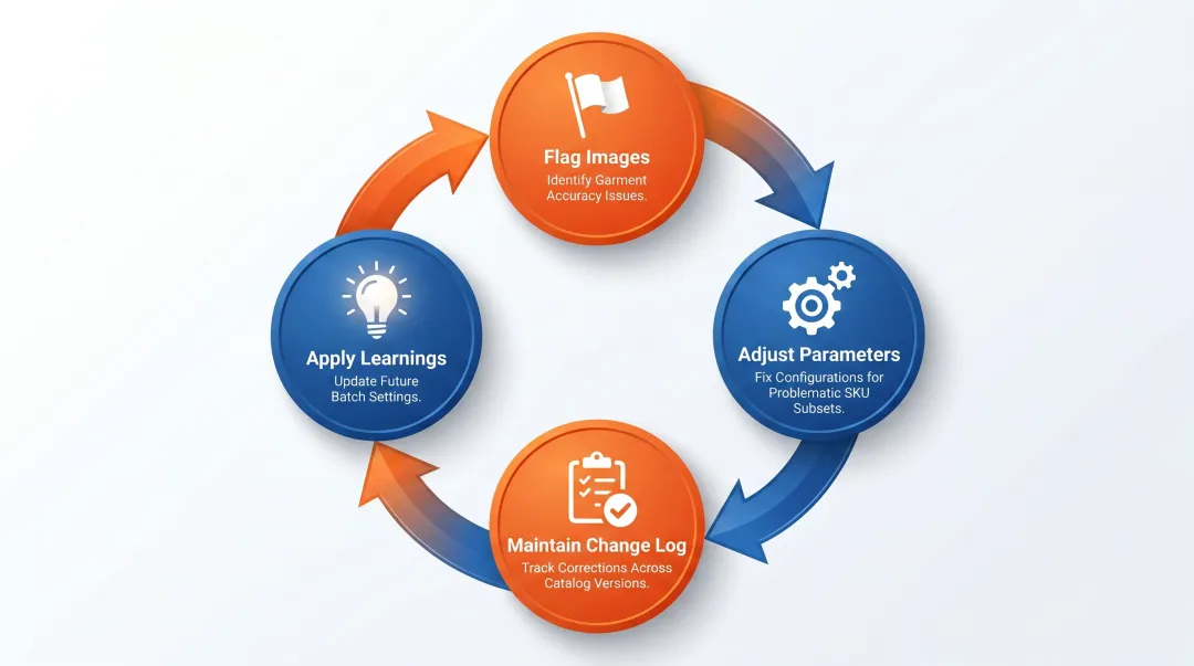 4-step AI model photo quality control and regeneration feedback loop workflow