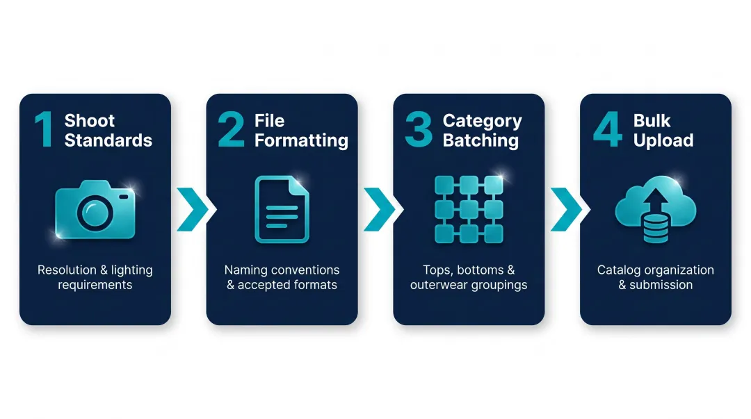 4-step product asset preparation process for AI model photo batch processing