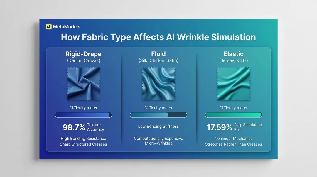 Three fabric categories wrinkle behavior and AI simulation difficulty comparison chart
