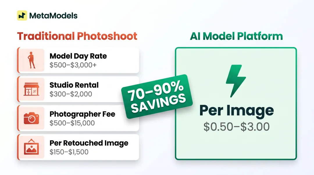 Traditional photoshoot costs versus AI model photography price comparison infographic