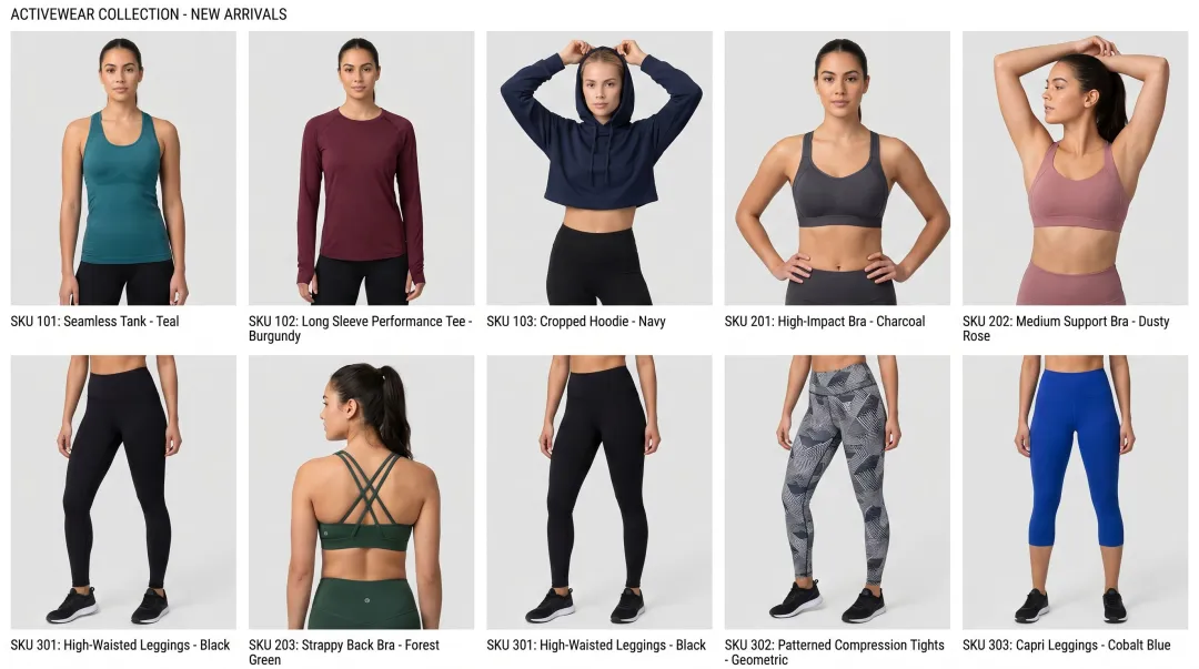 AI-generated activewear catalog showing consistent framing lighting and background across multiple SKUs