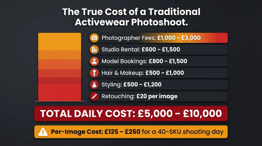 Traditional activewear photoshoot cost breakdown per image infographic