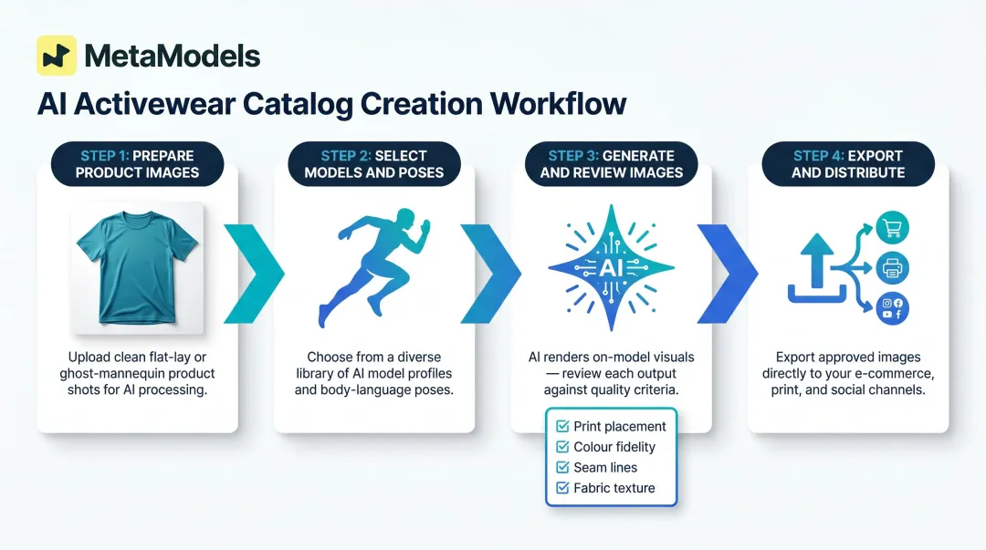 AI activewear catalog creation step-by-step workflow from packshot to published image