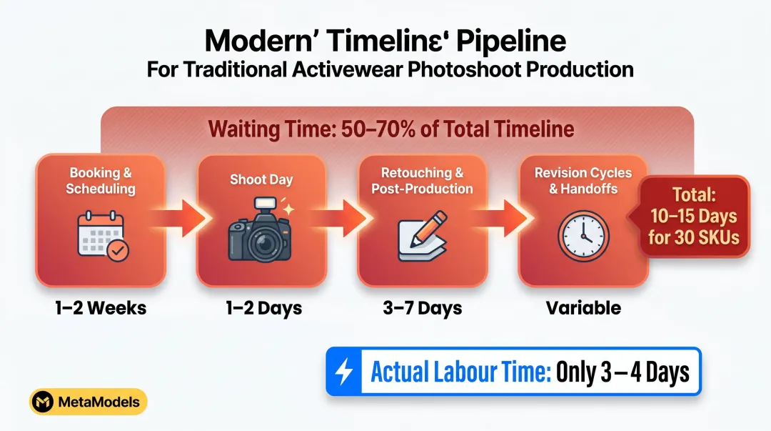 Traditional activewear photography timeline from booking to delivery bottleneck stages