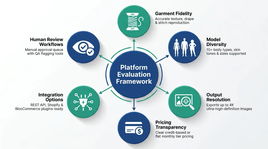 Six evaluation criteria for choosing AI virtual try-on platform apparel brands infographic