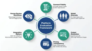 Six evaluation criteria for choosing AI virtual try-on platform apparel brands infographic