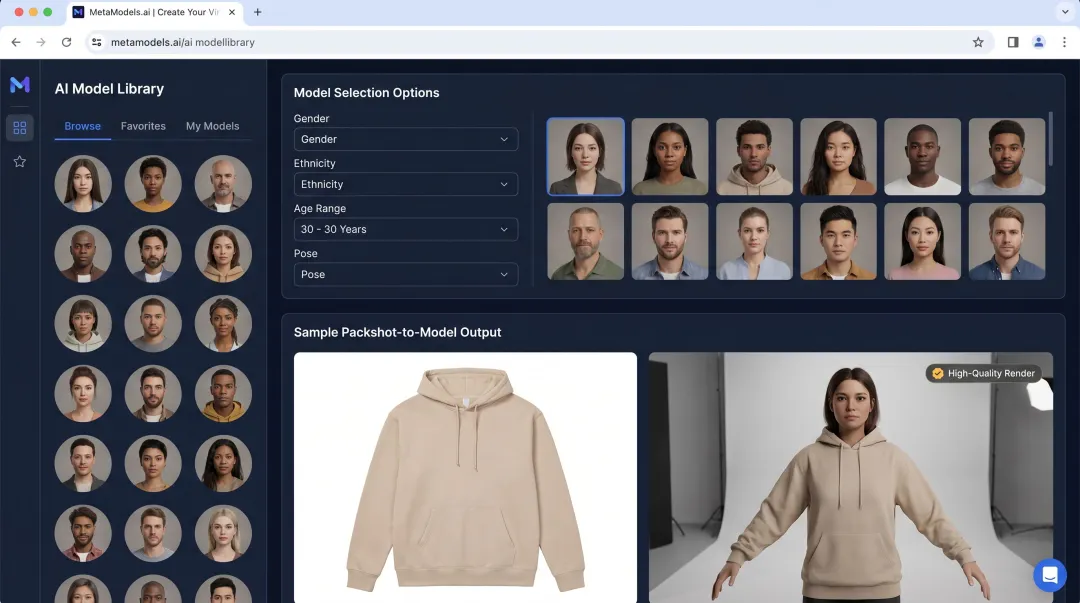MetaModels AI platform dashboard showing diverse AI model library and garment output