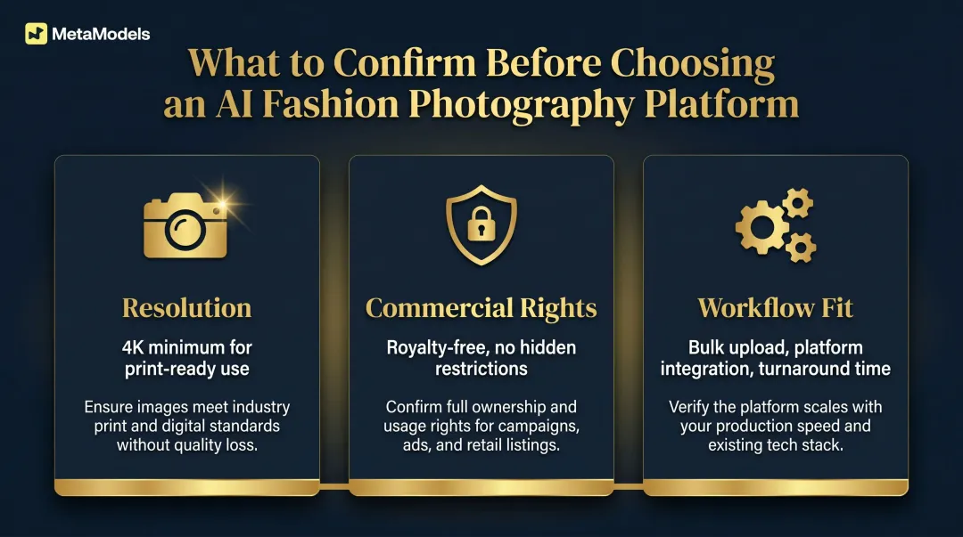 Three key AI fashion photography platform evaluation criteria resolution rights workflow