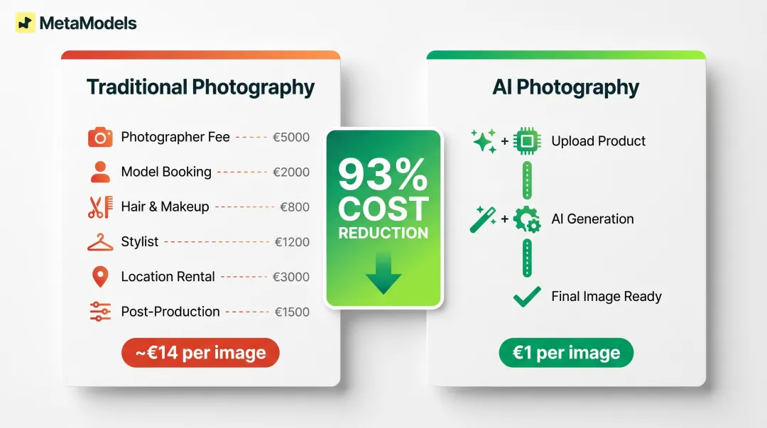 Traditional photography versus AI fashion photography cost comparison per image infographic