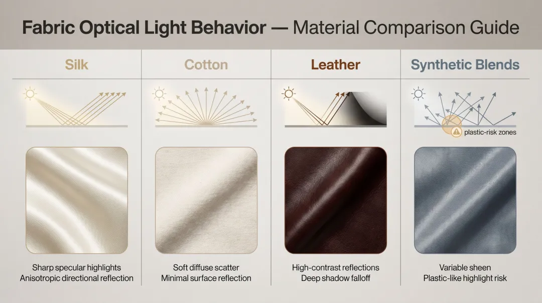 Fabric light interaction comparison chart silk cotton leather and synthetic rendering properties