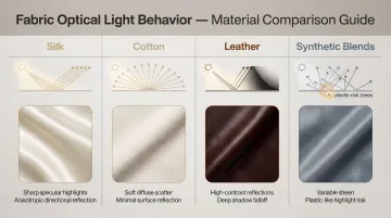 Fabric light interaction comparison chart silk cotton leather and synthetic rendering properties