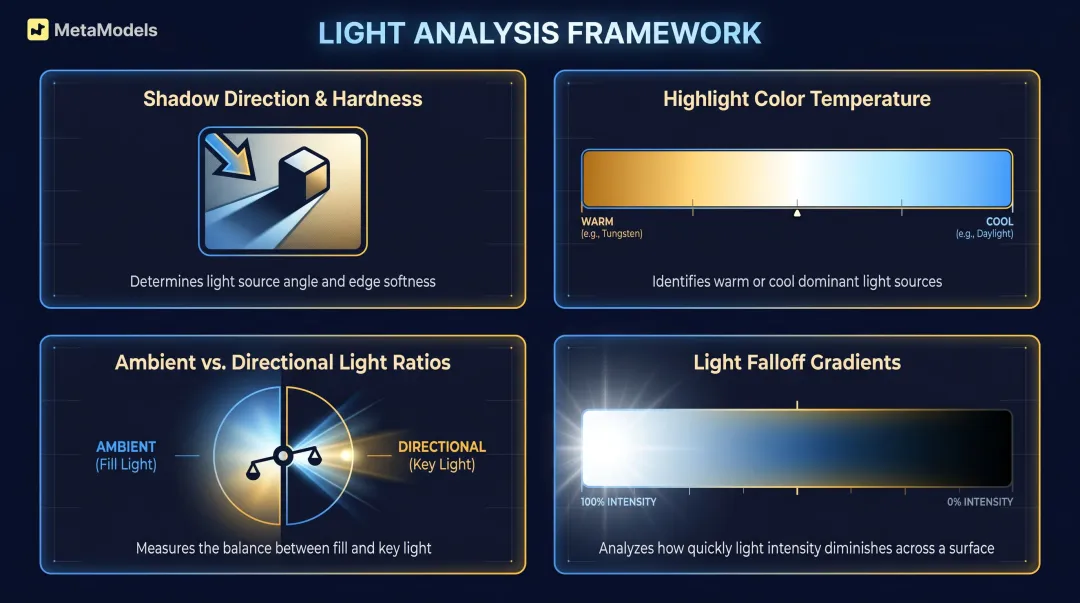 Four AI lighting analysis signals shadow direction highlight temperature and falloff