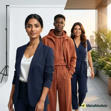 AI-generated fashion photography showing a model wearing apparel created from a product packshot using MetaModels.ai