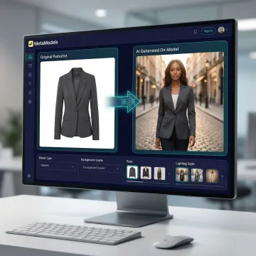 AI platform interface showing a fashion product packshot being transformed into a polished on-model image