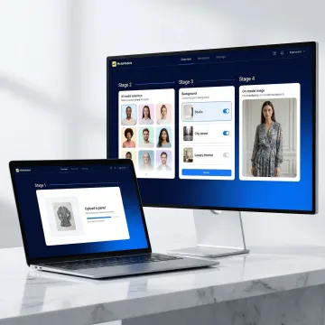 Step-by-step AI fashion image generation process from product upload to final on-model visual