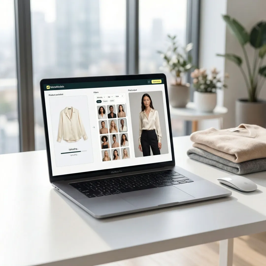 Step-by-step AI fashion image production workflow on a digital platform
