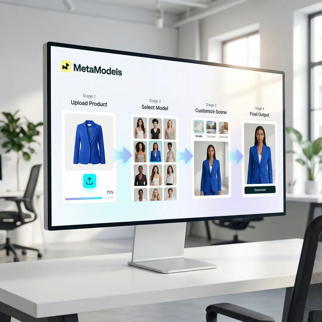 Step-by-step AI fashion image generation process from product upload to finished on-model photo