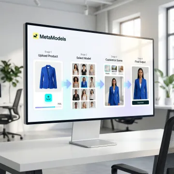 Step-by-step AI fashion image generation process from product upload to finished on-model photo