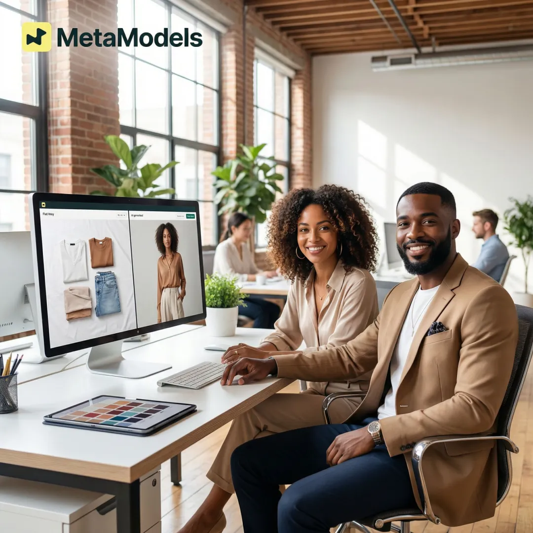 Step-by-step AI fashion content creation process from flat lay upload to on-model output