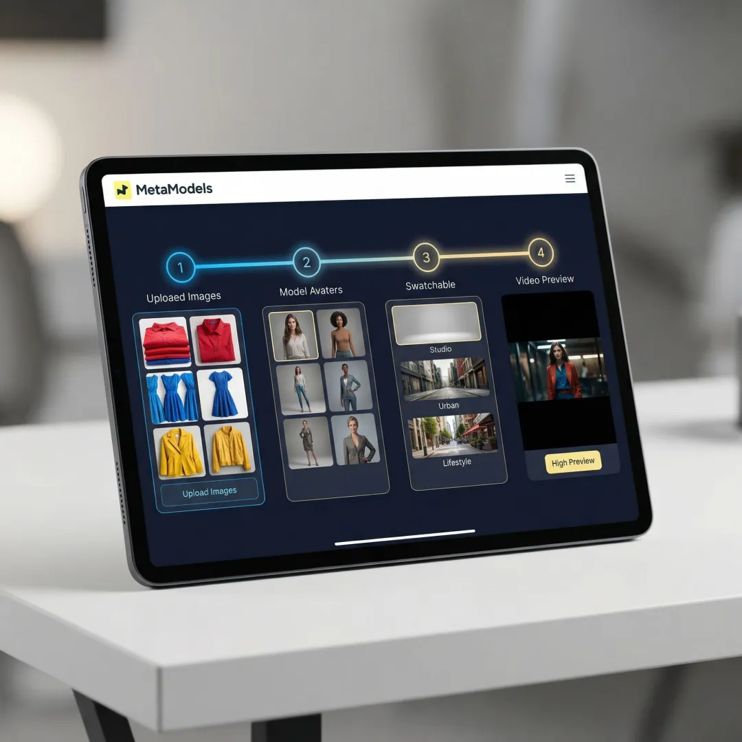 Step-by-step AI fashion video production process from packshot upload to final model video