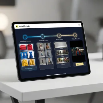 Step-by-step AI fashion video production process from packshot upload to final model video