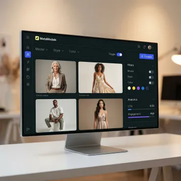 Brand-consistent AI-generated on-model fashion visuals displayed across e-commerce and social media screens