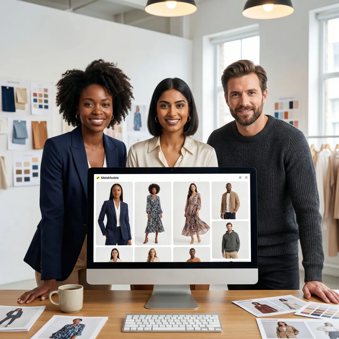 AI-powered fashion image editing platform showing garment on virtual model with brand-aligned background