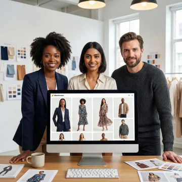 AI-powered fashion image editing platform showing garment on virtual model with brand-aligned background