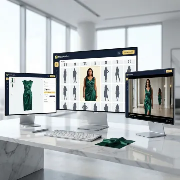 Step-by-step AI fashion content creation process showing product upload and model selection interface