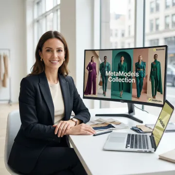 Fashion designer reviewing AI-generated lookbook pages featuring diverse models in custom apparel collections