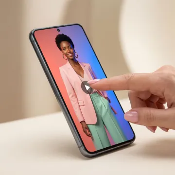 Fashion brand social media ad video featuring AI model showcasing clothing on smartphone screen