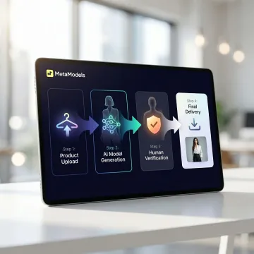 Step-by-step workflow showing AI fashion model generation process from upload to final image