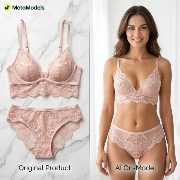 Before and after comparison showing lingerie packshot transformed into professional AI model image