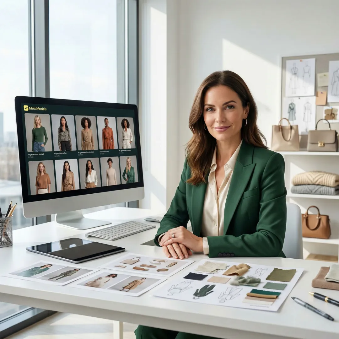 Fashion designer reviewing AI-generated model videos on computer screen