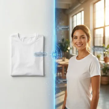 Before and after comparison showing packshot transformed into lifestyle model photography