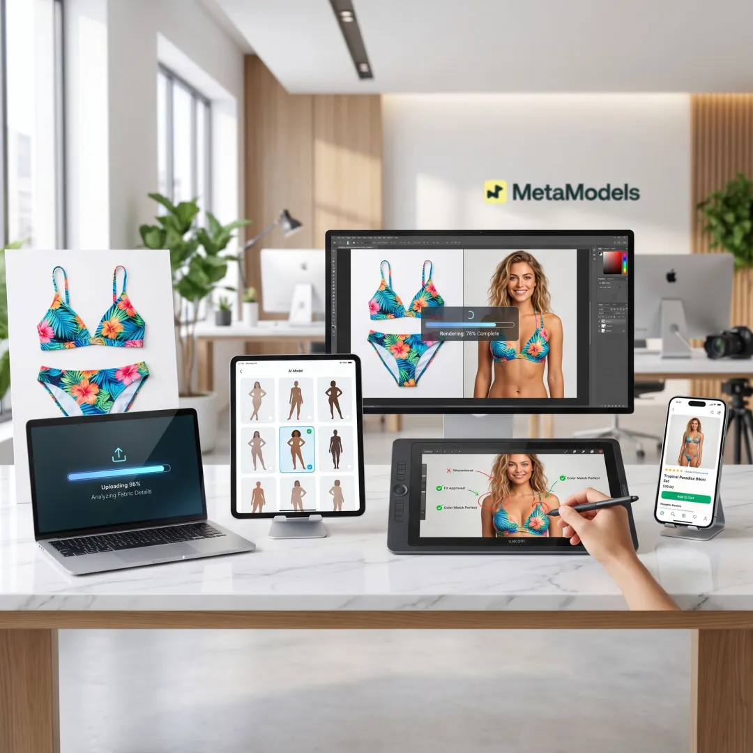 Workflow for converting swimwear flat lays into AI model photos