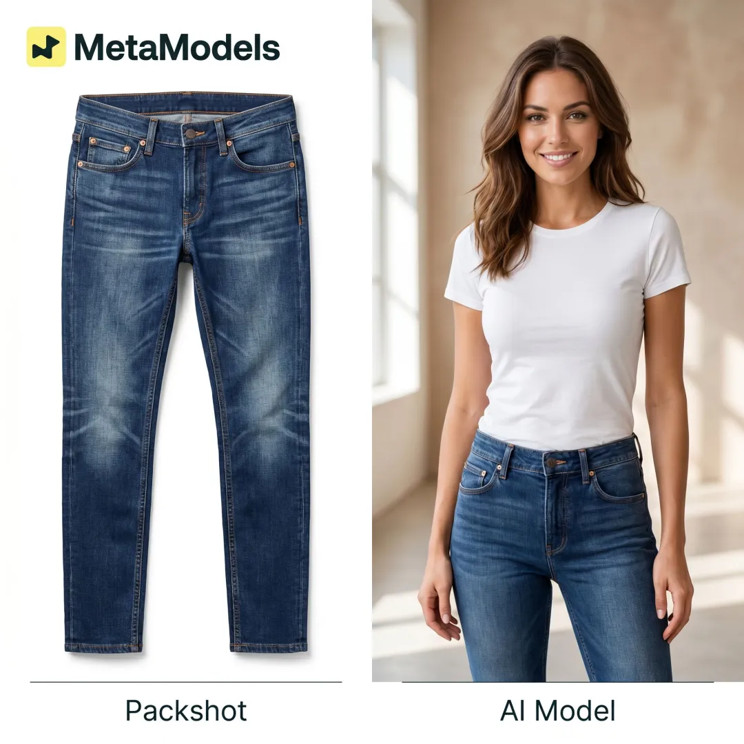 Denim packshot transformed into model image