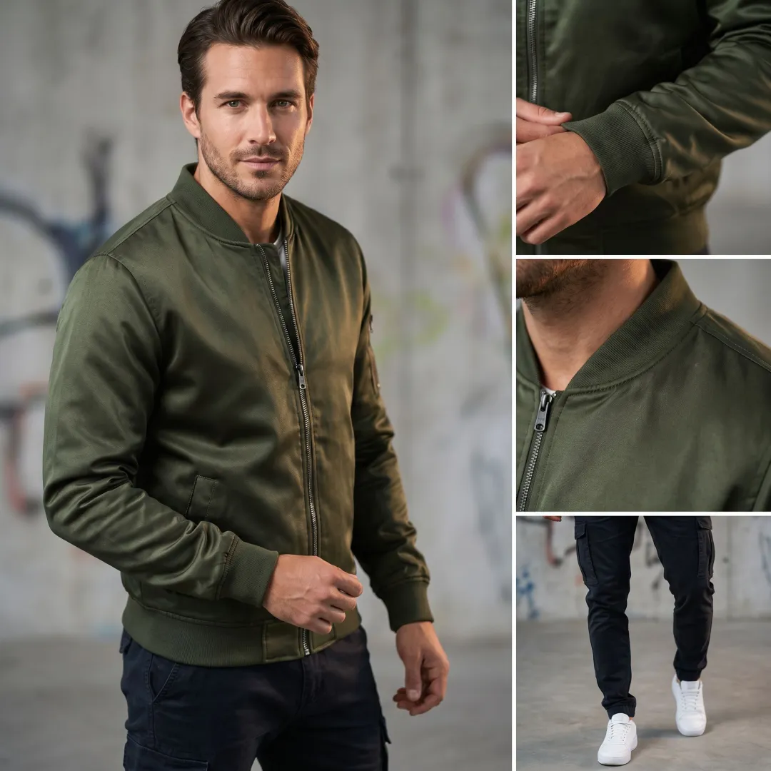 Streetwear bomber jacket shown on an AI model